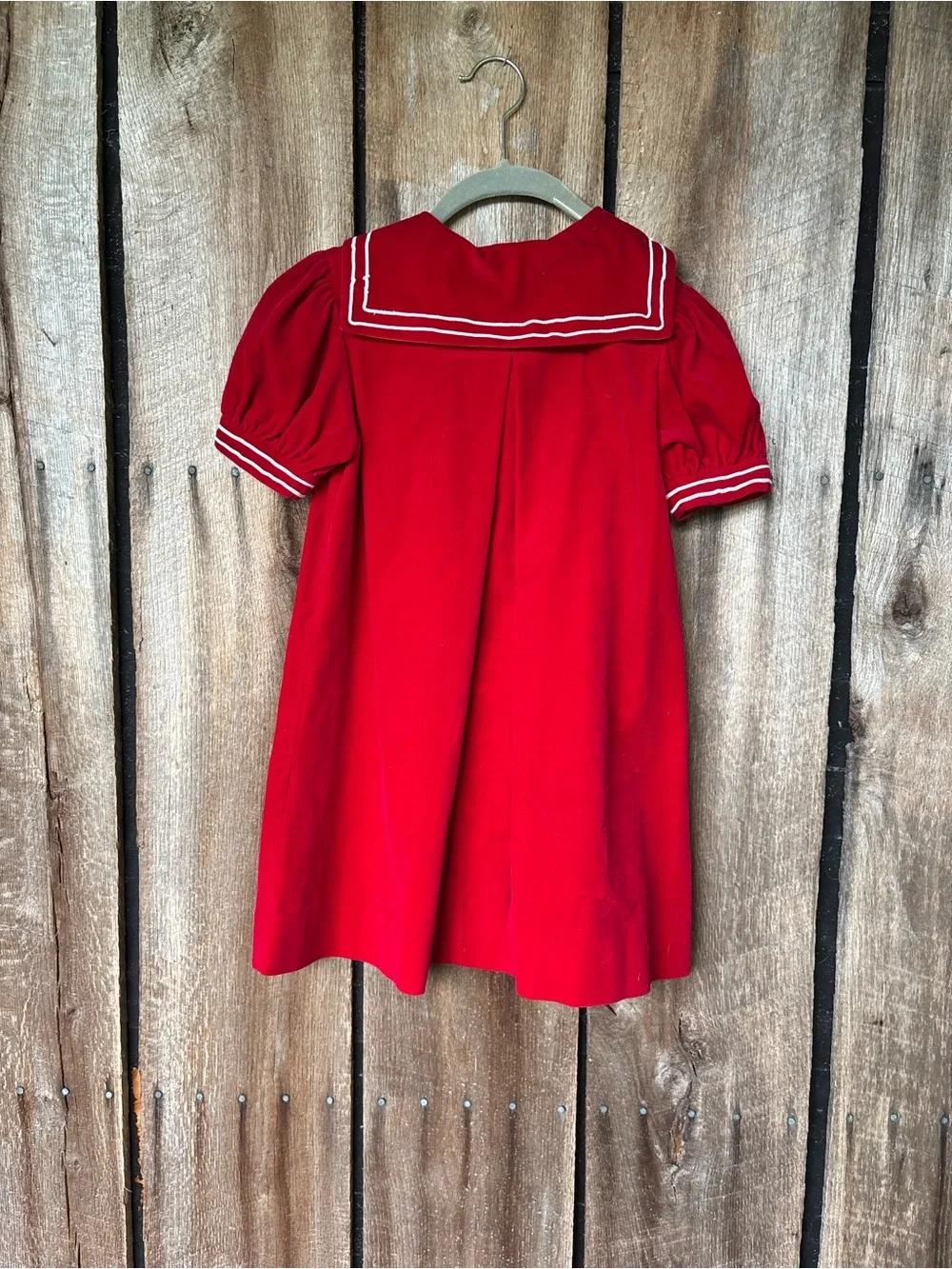 Vintage Girls Red Sailor Dress Nautical Anchor Puff Sleeve White Tie Cotton